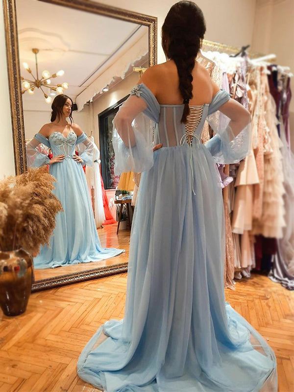 Sexy Floral Blue Strapless Sweetheart A-line Long Prom Dress, PD3495