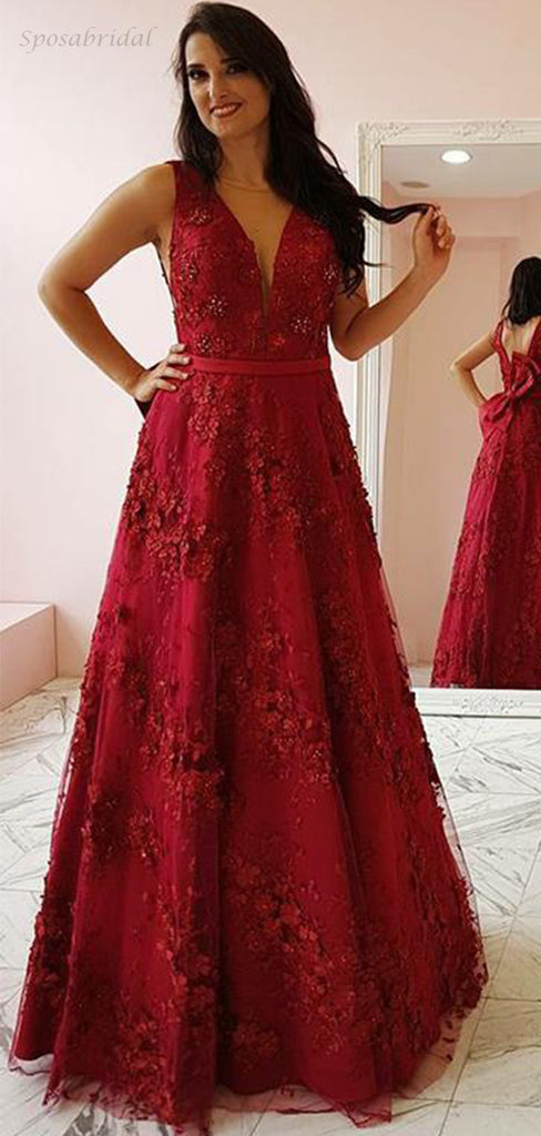 Sexy Full Lace Sleeveless V-neck Deep Red A-line Long Prom Dress, PD3313