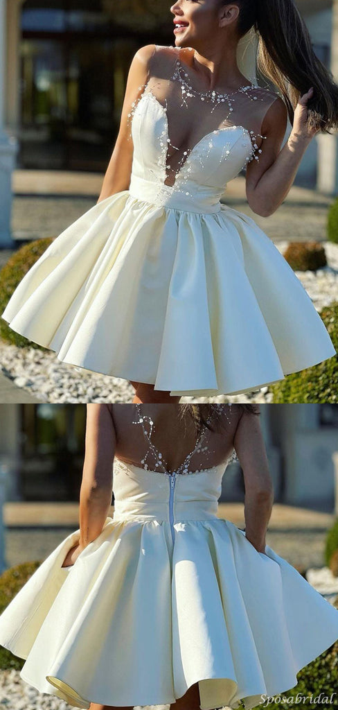 Sexy Illusion Sleeveless Ivory White Sweetheart A-line Beads Backless Short Homecoming Dress, HD3029