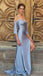 Sexy Off-shoulder Silver Blue Sweetheart Mermaid Side-slit Long Prom Dress, PD3407