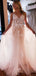 Sexy Pink Spaghetti Straps Half-open Back A-line Lace Top Tulle Long Prom Dress, PD3255