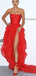 Sexy Red Strapless Straight Sheath Side-slit Tulle Long Prom Party Dress, PD3109