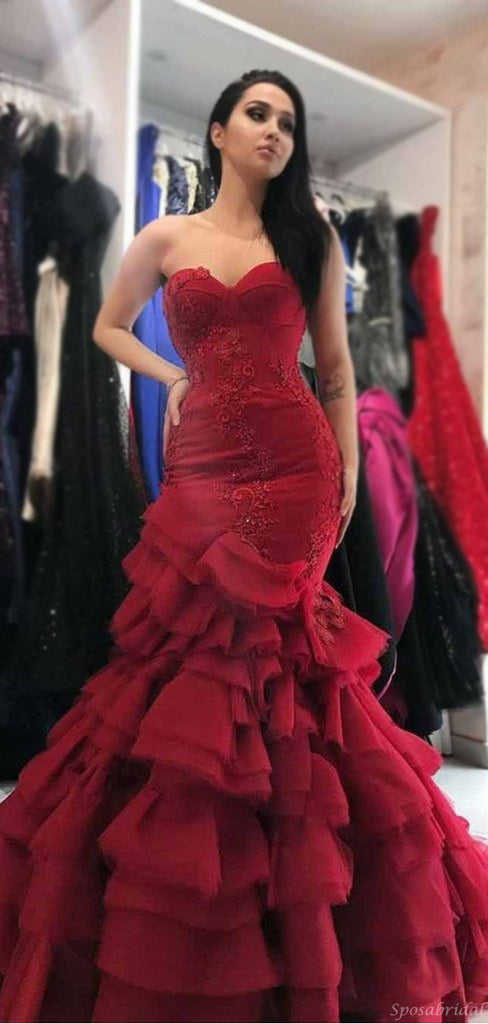 Sexy Red Sweetheart Strapless Mermaid Long Ruffle Pleats Long Prom Dress, PD3166