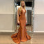 Burnt Orange Sexy V-neck Halter Open Back Mermaid Long Prom Dress, BD3253