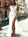 Sexy White Spaghetti Strap V-neck Side-slit Mermaid Long Prom Party Dress, PD3119