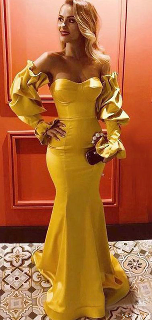 Sexy Yellow Strapless With Sleeves Mermaid Long Prom Dress, PD3280