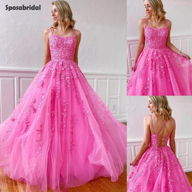 Sexy Hot Pink Spaghetti Strap Floral Lace Backless Tulle A-line Long Prom Dress, PD3037