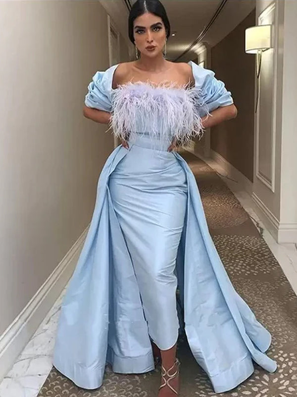 Sky Blue Off-shoulder Feather Top With Detachable Tail Mermaid Prom Dress, PD3328