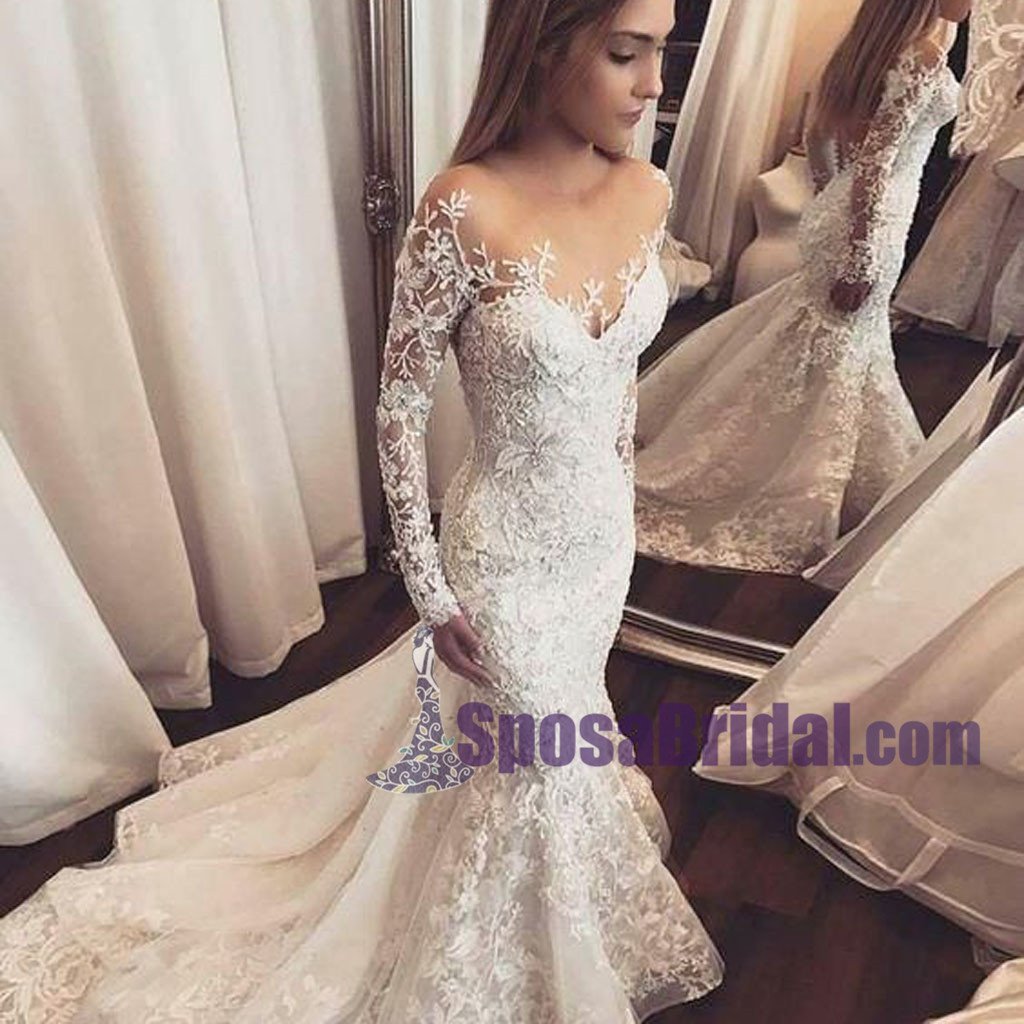 Long Sleeves Lace Ivory  Hot Sales Spring Wedding Dresses, WD0262