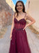 Wine Sexy Spaghetti Straps V-neck Lace Top A-line Appliques Long Prom Dress, PD3436